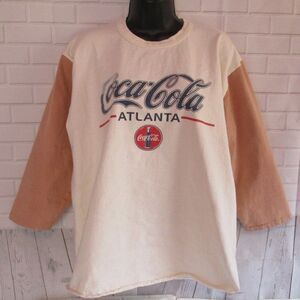 Official COCA-COLA T Shirt Atlanta 3/4 Sleeves Size Large Cotton Cream